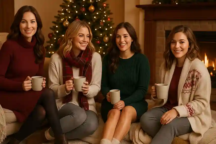 Models in cozy sweater dresses, oversized knits, leggings, and festive lounge sets in warm holiday tones with soft, inviting lighting.