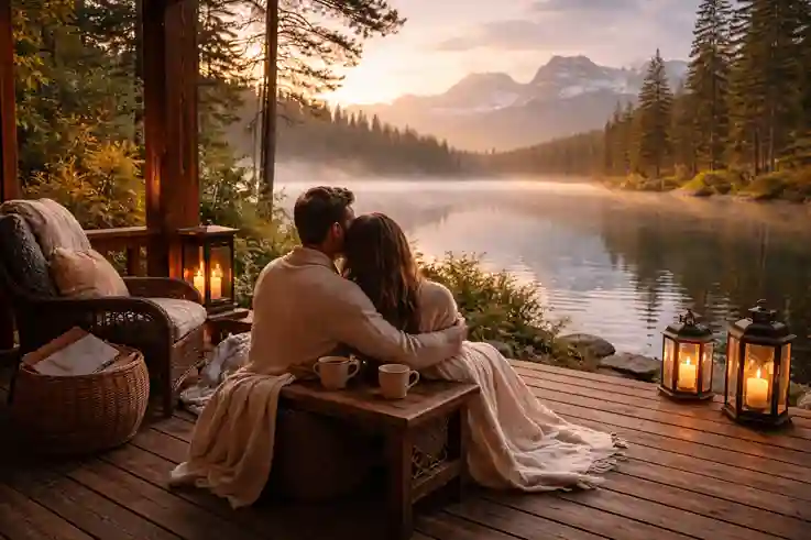 A cozy lakeside cabin with calm water, fresh mountain air, and a peaceful sunrise surrounded by tall trees and grand mountain views.