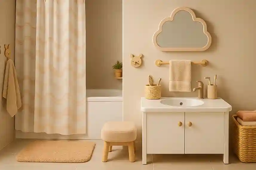 Kids’ bathroom with soft textured mats, fluffy towels, woven baskets, and warm, cozy materials for comfort and safety.