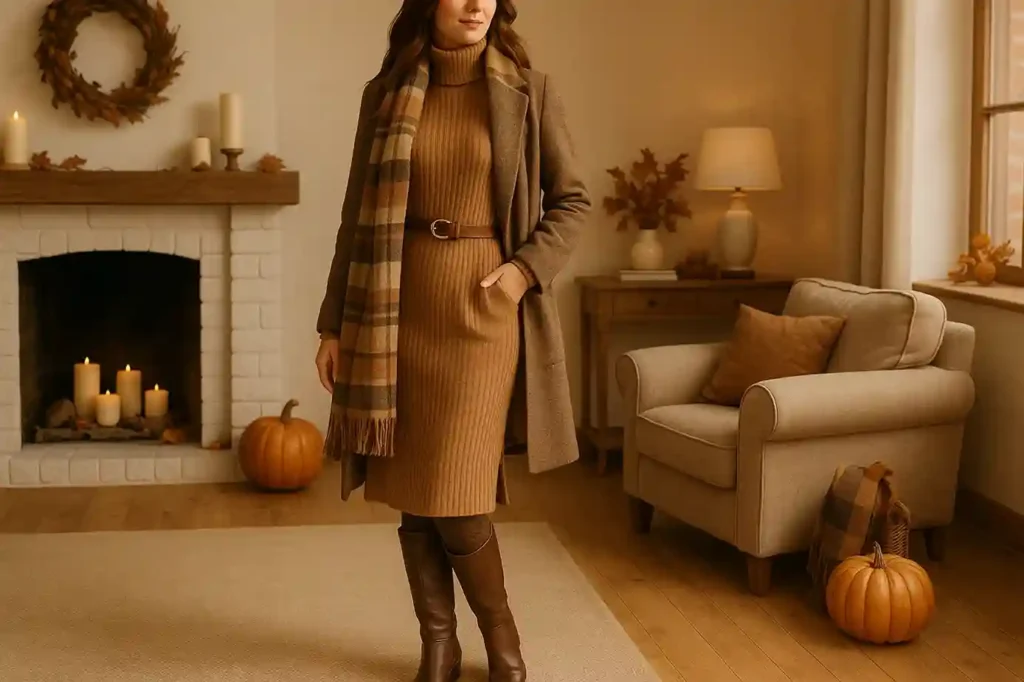 A woman wearing a camel sweater dress with tall boots, layered with a coat and scarf, styled with warm fall tones for a cozy Thanksgiving look.