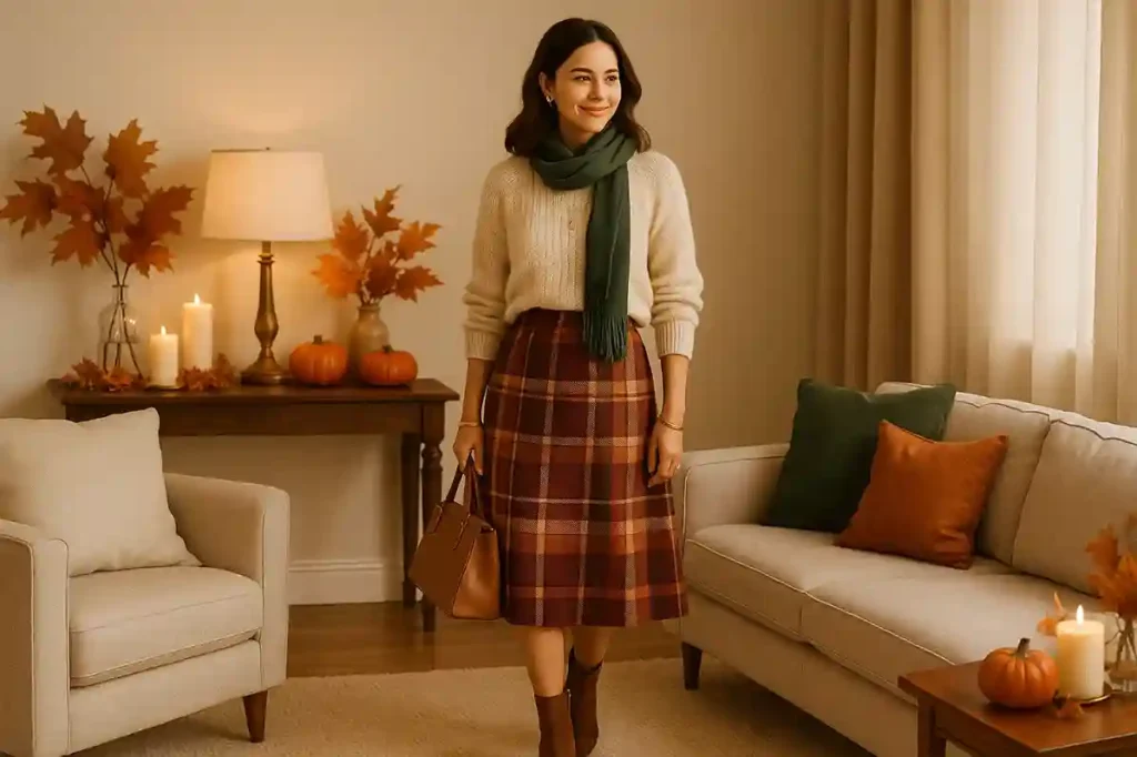 A woman in a knit sweater and plaid skirt styled for Thanksgiving, standing in a warm fall-decor living room with soft seasonal colors.