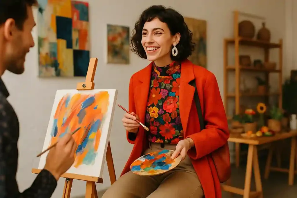 Woman in expressive, artsy outfit with printed top, bold outerwear, and balanced neutrals for a creative first-date setting.