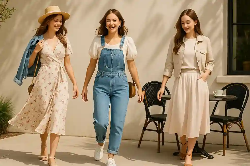 Brunch outfits featuring a floral wrap dress, denim overalls, and a soft midi skirt styled with light layers.