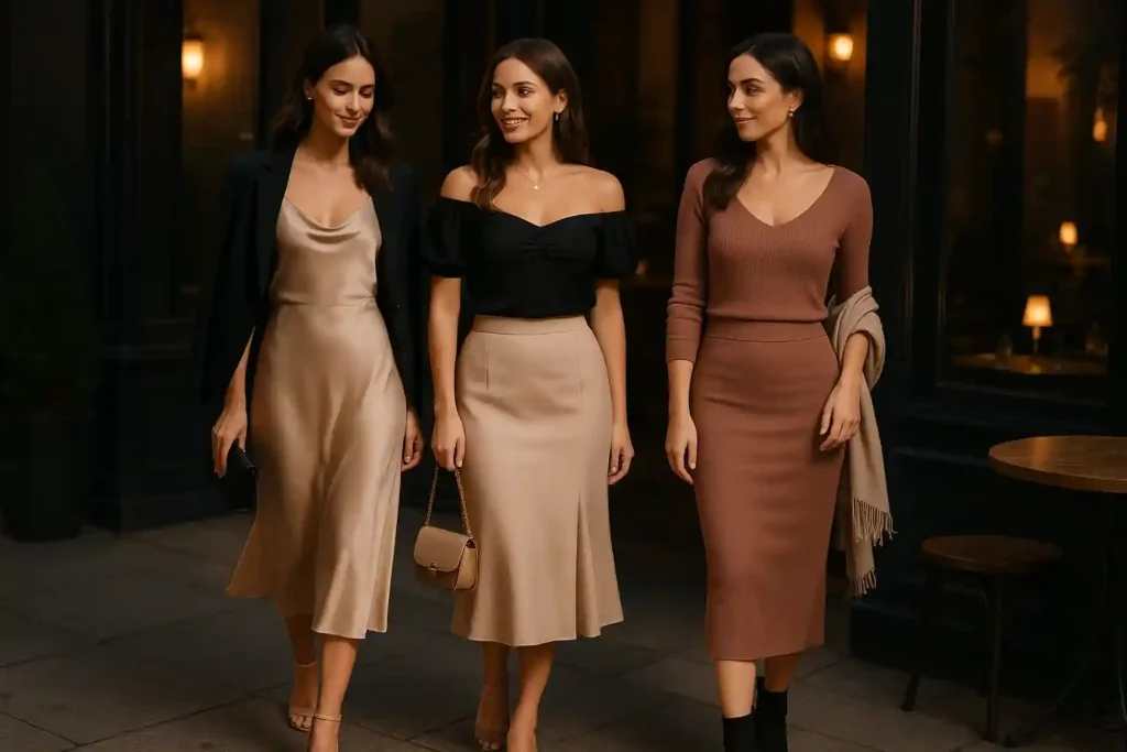 Elegant date-night outfits featuring a slip dress, an off-shoulder look, and a fitted midi set styled with minimal accessories.