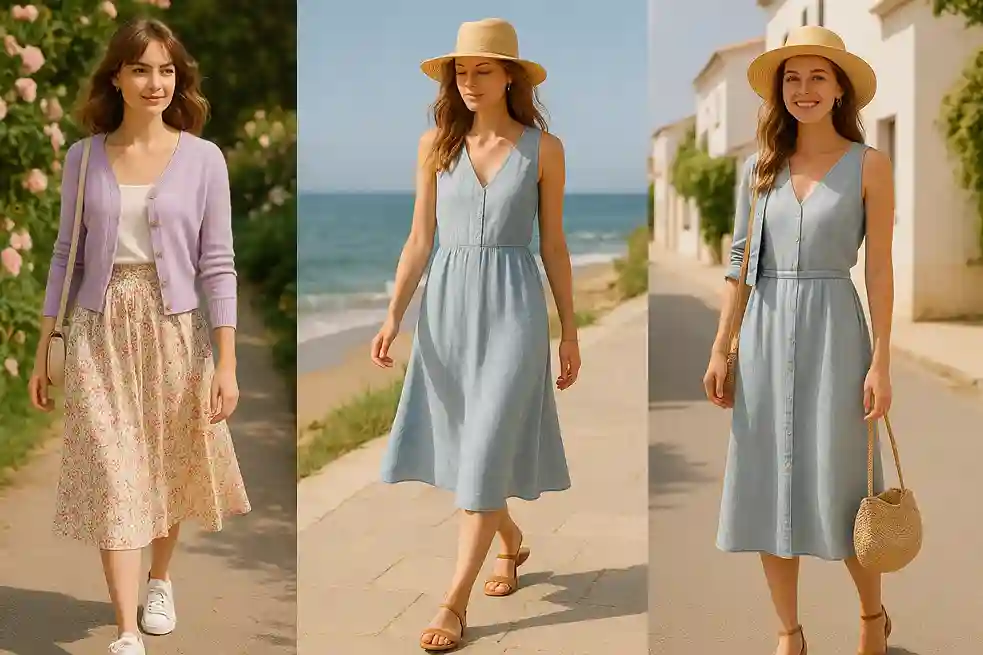 Spring and summer cute outfit ideas featuring pastel layers, floral skirts, and airy linen dresses.