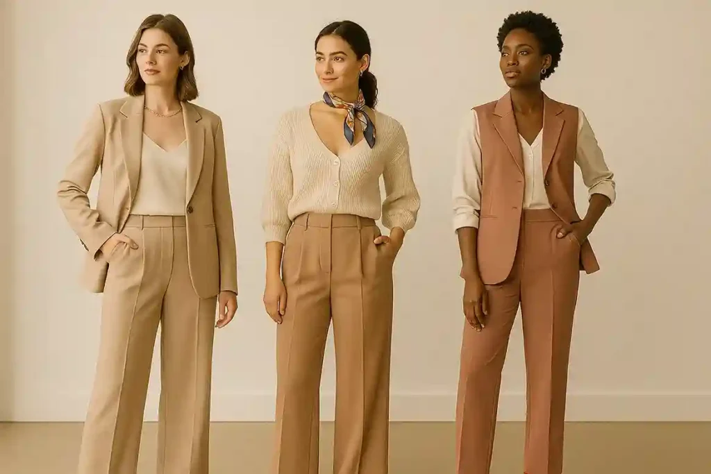 Modern workwear featuring soft-toned trousers, a tailored blazer, and a silky blouse with playful accents.