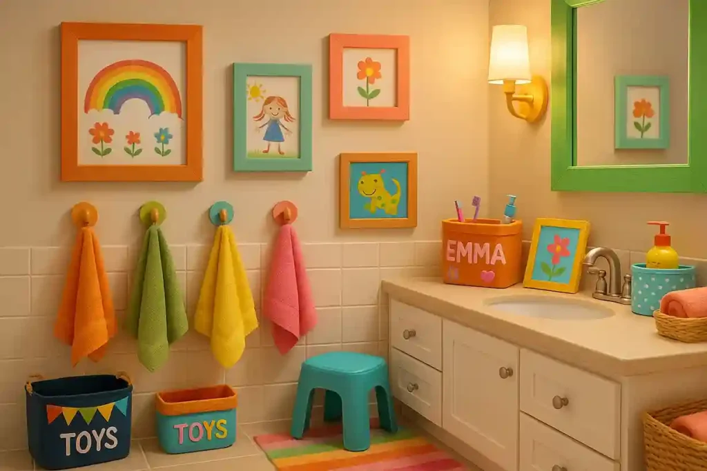 Kids’ bathroom with DIY painted frames, personalized storage bins, and a wall of children’s artwork for a unique, cheerful look.