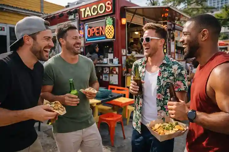 Group of friends enjoying daytime food spots at one of the best bachelor party destinations