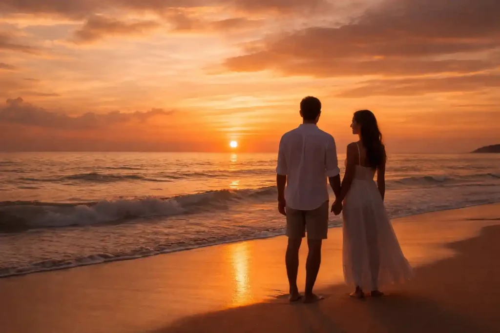 A couple standing close together on a beach, watching a glowing sunset with warm golden and pink skies reflecting over calm ocean waves.