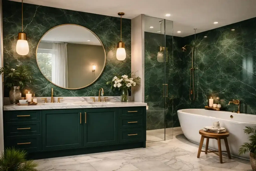 Luxurious emerald green bathroom with bold walls, gold accents, marble textures, and warm lighting that creates a rich, dramatic, elegant space.