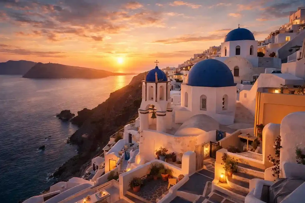 Santorini cliffside at sunset with blue domes, glowing white homes, and calm Aegean Sea views.
