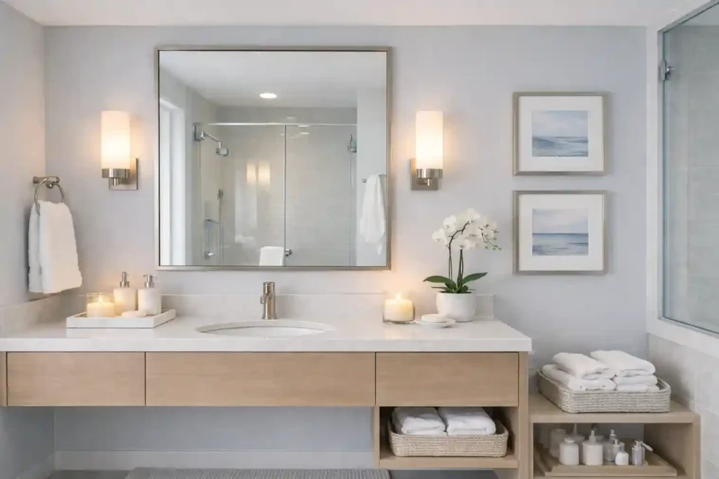 Eco-friendly guest bathroom ideas with low-flow fixtures, LED lighting, bamboo accents, and recycled glass tiles