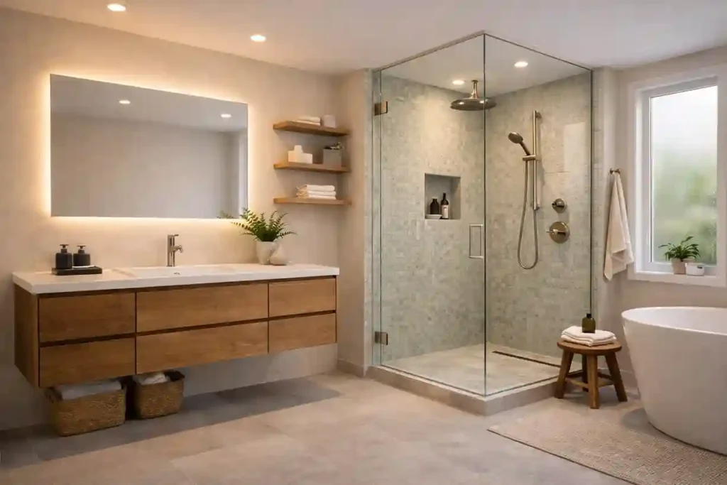 Eco-friendly modern bathroom with low-flow fixtures, recycled tiles, bamboo shelves, and warm LED lighting