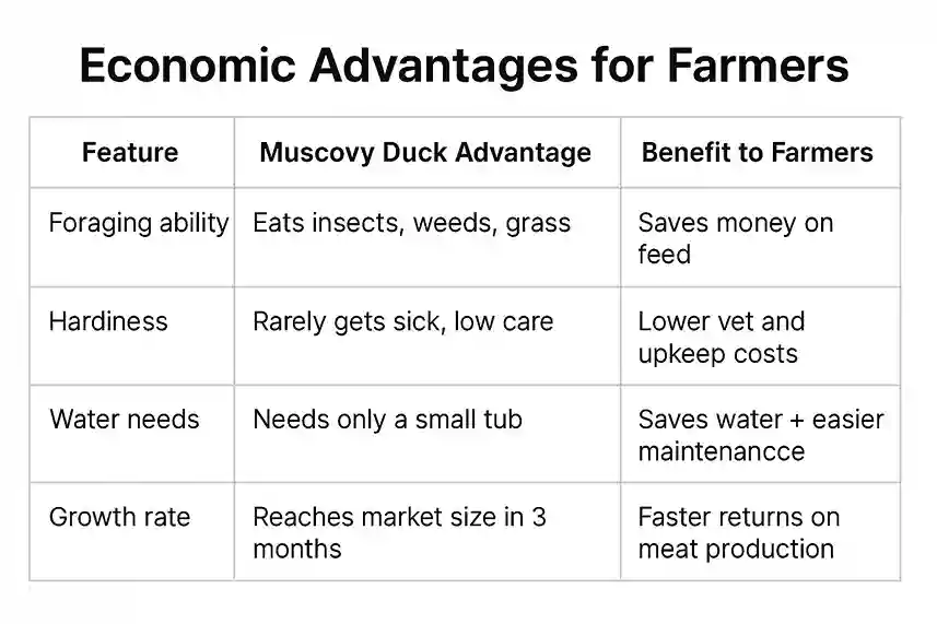 A clean, simple table comparing Muscovy duck features with their advantages and benefits for farmers, including foraging ability, hardiness, low water needs, fast growth rate, and high meat value.