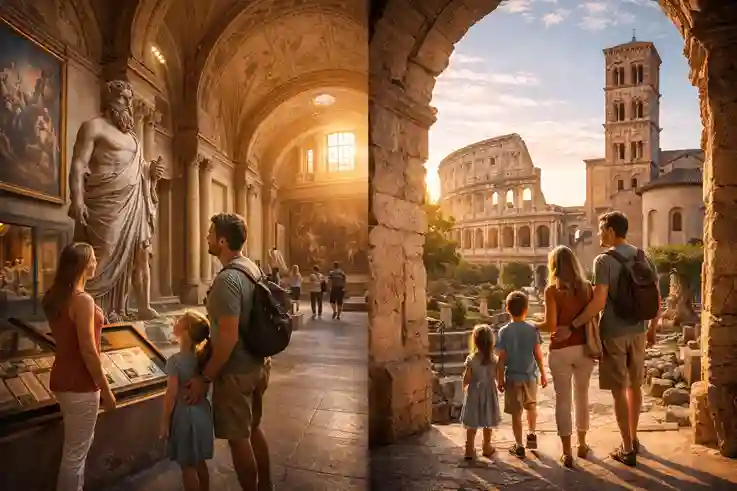 A family exploring a historic museum, showing how educational places become meaningful dream vacation destinations.