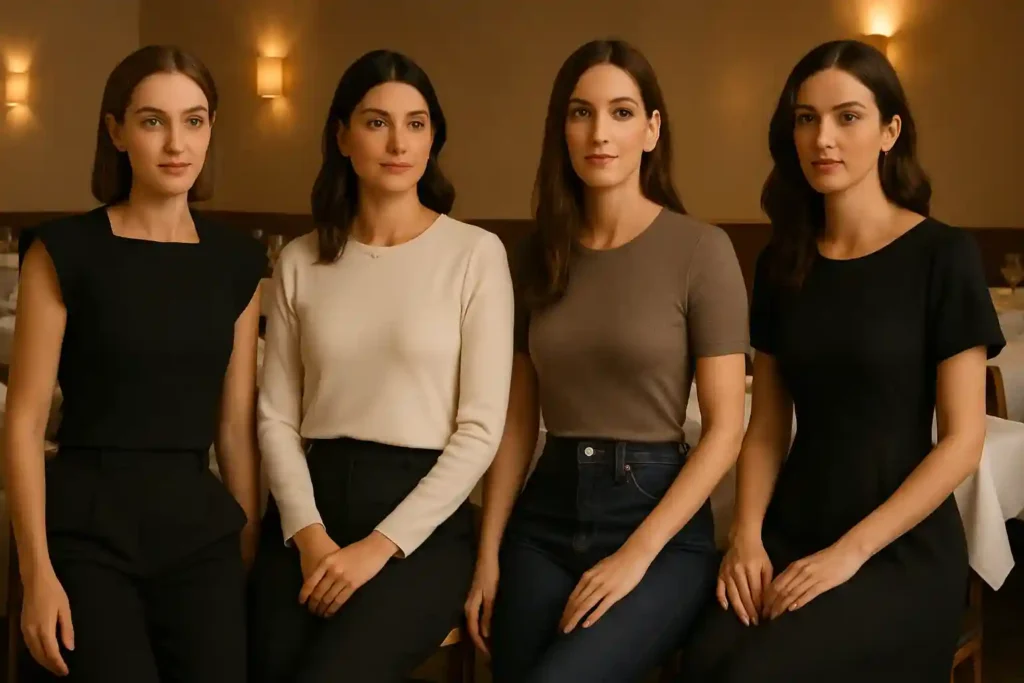 Different women wearing elegant dinner date outfits with structured tops, sleek bottoms, dark denim, and refined evening accessories.