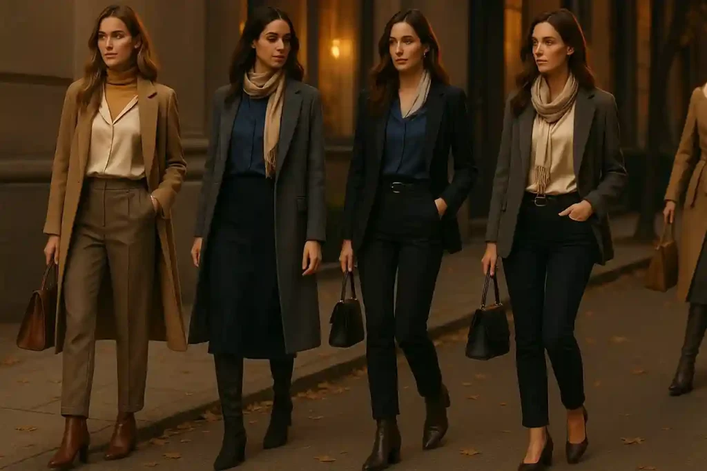 Fall outfits with silk blouses, tailored coats, heeled boots, and gold accessories for a polished look.