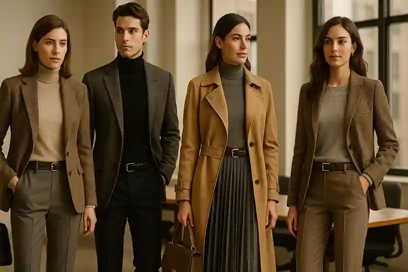 Fall workwear outfits with turtlenecks, tweed blazers, wool trousers, and pleated skirts in warm neutrals.
