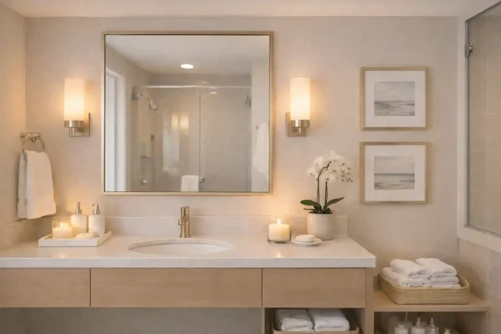Luxury guest bathroom with candles, small plants, framed art, mirrors, and neatly styled accessories in a calm setting