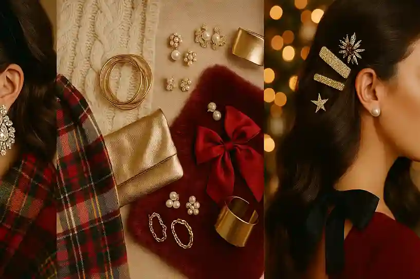 Holiday accessories including chandelier earrings, pearl clips, jeweled pins, plaid scarves, and faux fur accents styled for festive elegance.