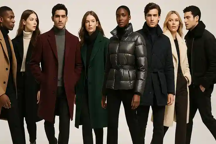 Models wearing wool coats, puffers, faux-fur, and shearling jackets in neutral and bold tones, styled in a polished winter fashion editorial.