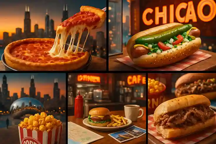 Iconic Chicago foods including deep-dish pizza, a Chicago hot dog, Italian beef, and popcorn.