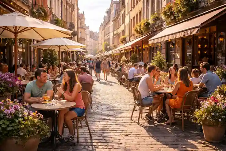 European city street with outdoor cafés, people socializing, and warm spring vibes at spring break destinations.