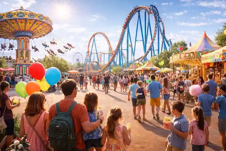 Colorful theme park with roller coasters, bright lights, and happy crowds at spring break destinations.