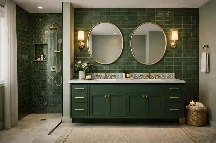Stylish green bathroom with subway or zellige tiles, a green vanity, accent wall, and soft lighting creating a balanced, elegant, modern space.