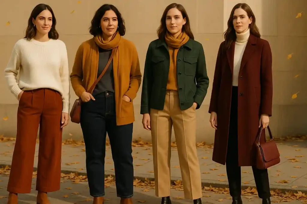 Fall outfits with rust, mustard, forest green, and burgundy styled with cozy neutrals and autumn accessories.
