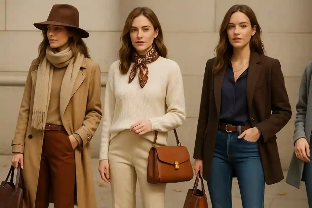 Fall accessories like hats, scarves, boots, and textured layers in leather, suede, and knits.