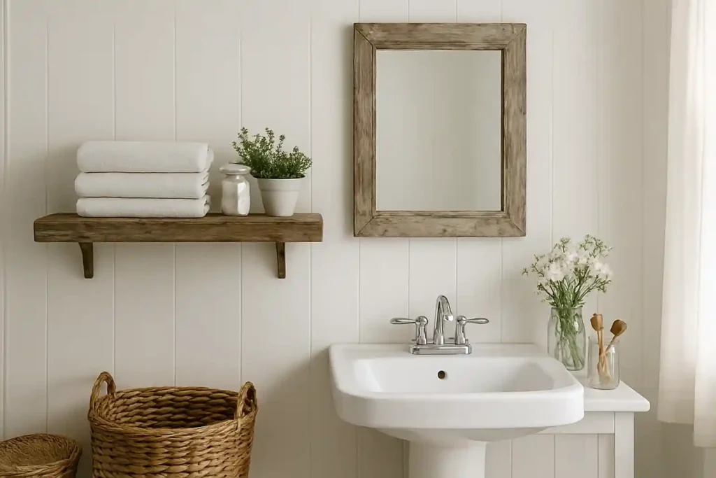 Farmhouse bathroom with vintage mirror, wooden shelf, woven baskets, mason jars, and soft neutral decor.