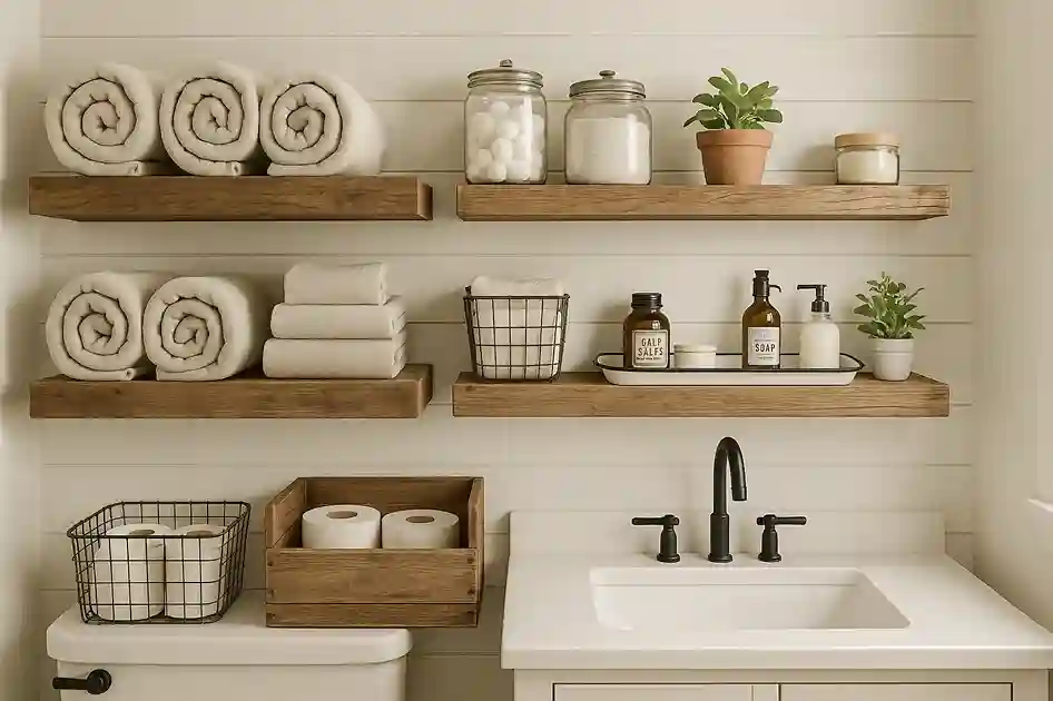 Farmhouse bathroom with reclaimed wood shelves, wire baskets, glass jars, plants, and curated rustic storage.