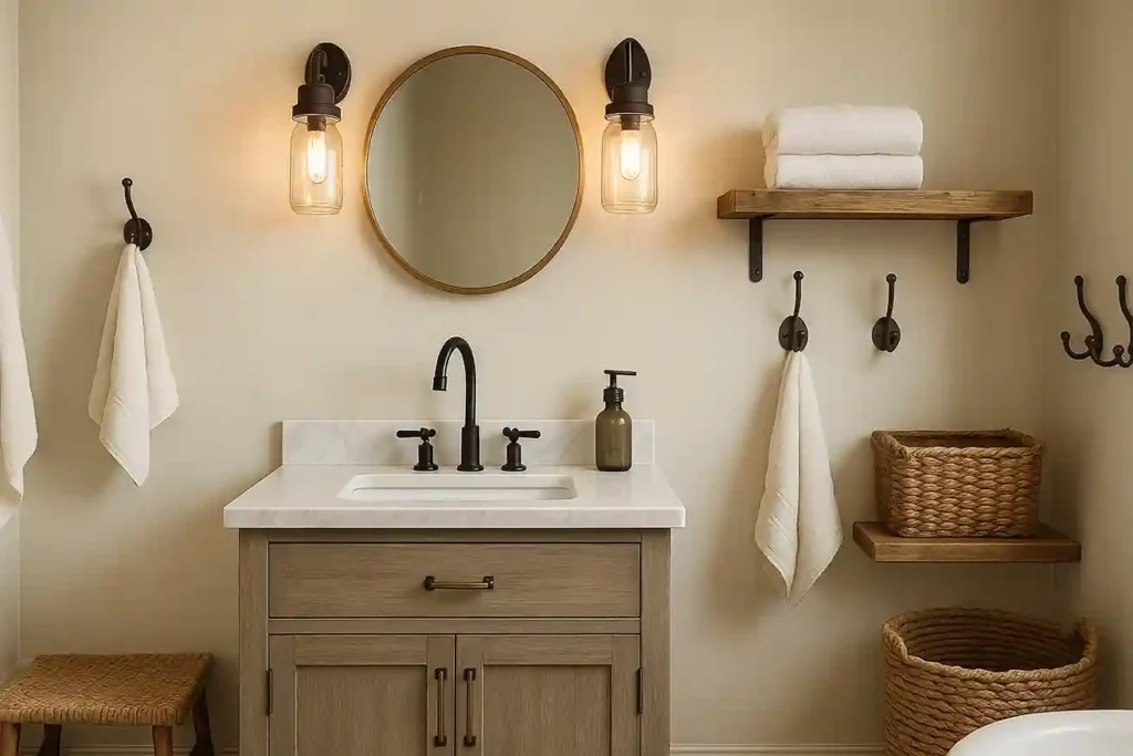 Farmhouse bathroom with mixed metal finishes, including black, brass, and bronze fixtures with rustic lighting.