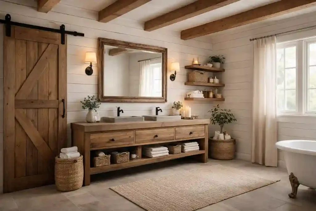 Farmhouse rustic bathroom with white shiplap walls, wood vanity, open shelving, and vintage accents.