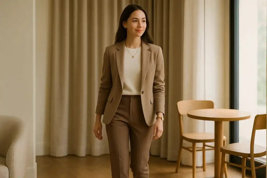 Soft, neutral first date outfit with clean lines, fitted layers, and subtle accessories for a calm, confident look.