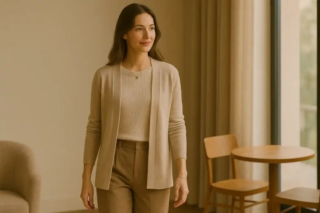 Calm, confident first date outfit with soft layers, balanced colors, and gentle textures that support natural connection.