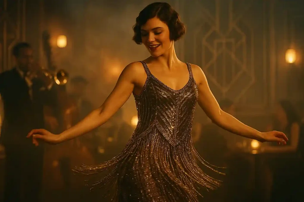 Woman dancing in a shimmering 1920s flapper dress with fringe and beads inside a smoky jazz club with warm lights and art-deco details.