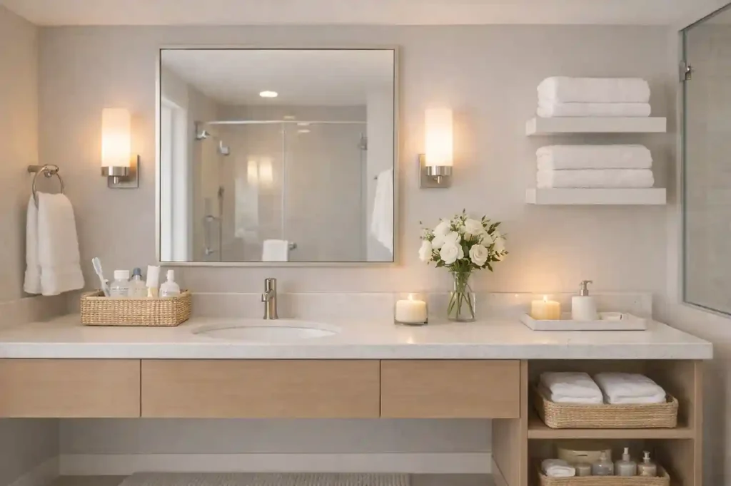 Guest bathroom with welcome basket, fresh flowers, scented candle, neatly folded towels, and polished hardware