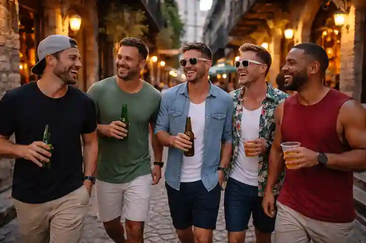 Friends walking past historic architecture between stops at one of the best bachelor party destinations