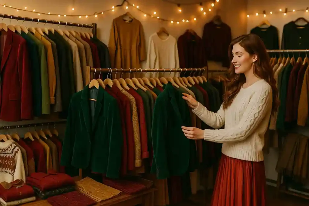 Thrift store filled with velvet blazers, vintage skirts, and cozy knits in warm holiday colors, curated by style and color for easy browsing.