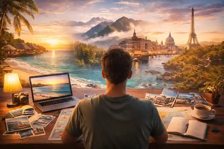 Traveler planning while imagining beaches, cities, and nature scenes, choosing dream vacation destinations.