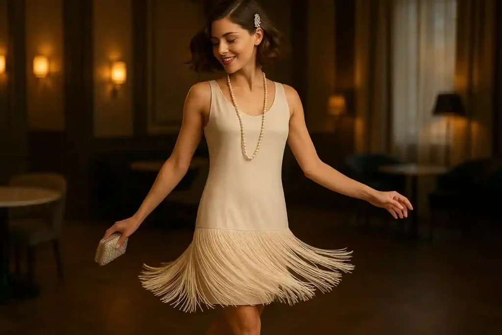 A woman wearing a flapper dress with a straight silhouette, soft fringe, and secure beadwork that moves easily as she walks, showing comfort and elegance.