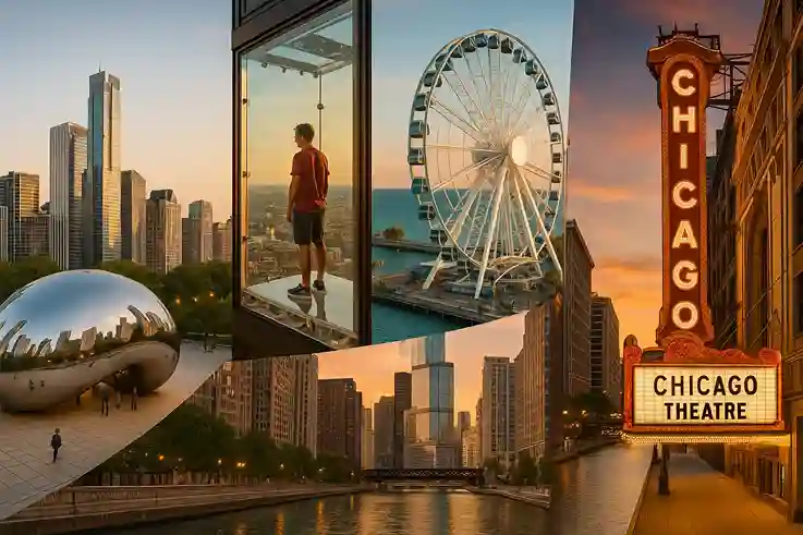 Chicago’s top landmarks including the Bean, Willis Tower, Navy Pier, and the Chicago Theatre.