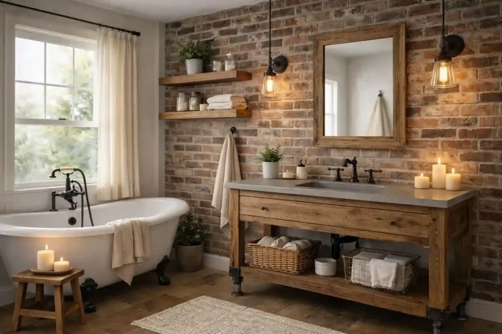 Industrial farmhouse bathroom with reclaimed wood vanity, brick wall, exposed metal pipes, and Edison bulb lighting.