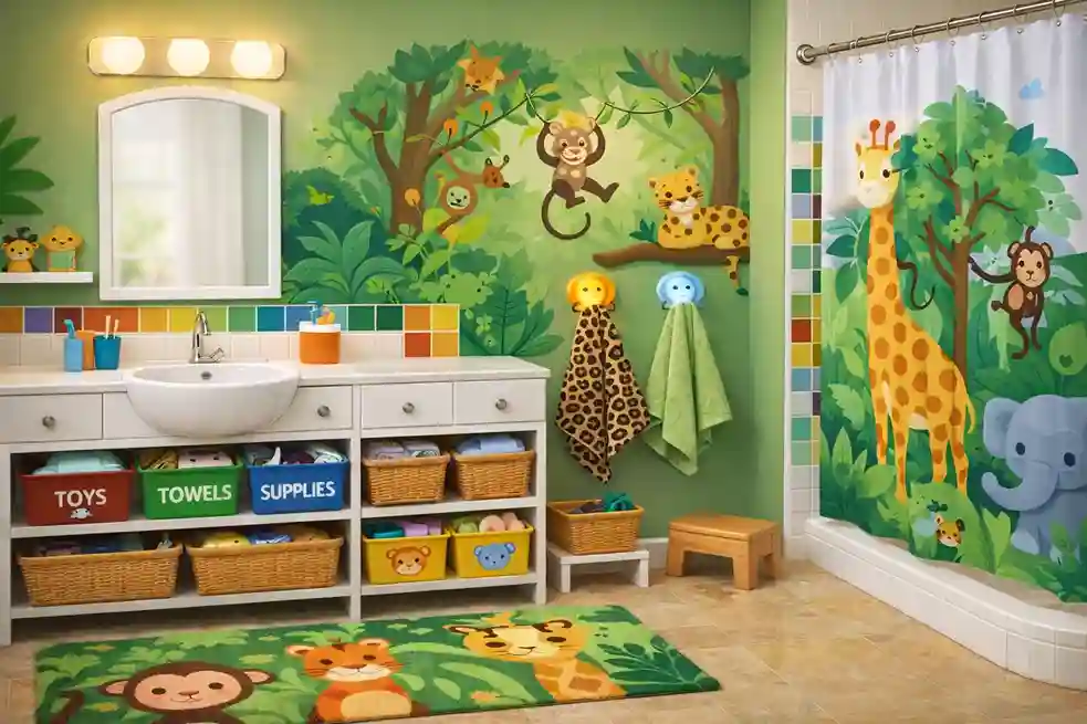 Jungle themed kids bathroom ideas with animal prints, green tones, mural wall, kid-friendly storage, rounded fixtures, warm lighting, and non-slip mats.