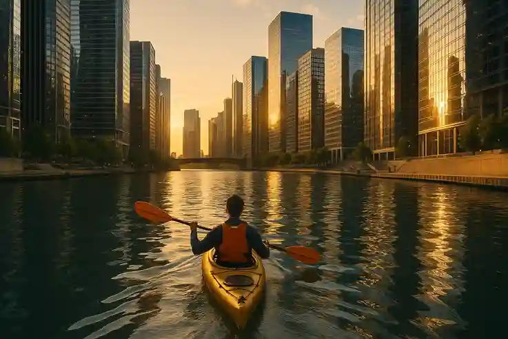 A person kayaking on the calm Chicago River with skyscrapers reflecting in the water.