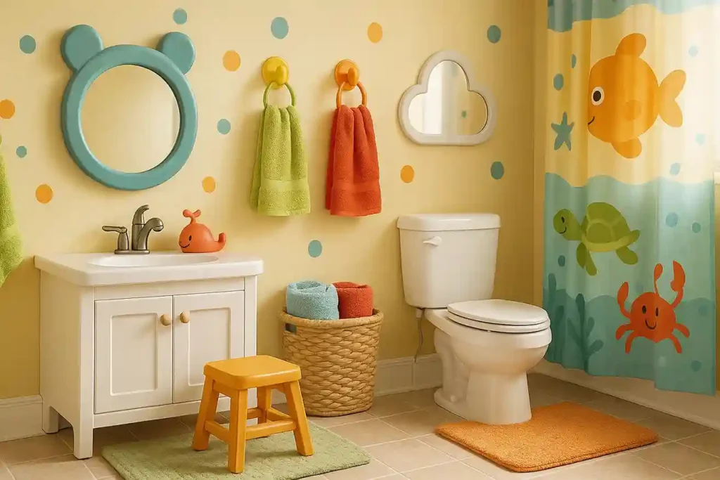 kids’ bathroom with bright colors, playful décor, soft towels, step stool, and safe child-friendly details.