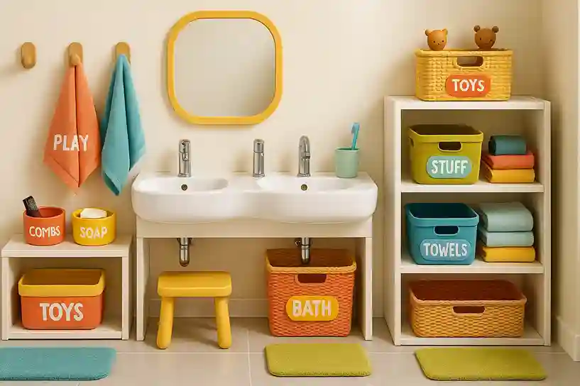 Kids’ bathroom with low-height storage, labeled bins, colorful baskets, step stool, and safe, organized child-friendly design.