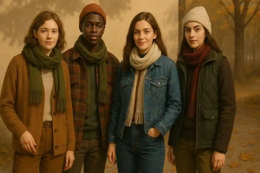 Four models wearing layered fall outfits including cardigans, flannel shirts, knits, and denim jackets in an autumn scene.